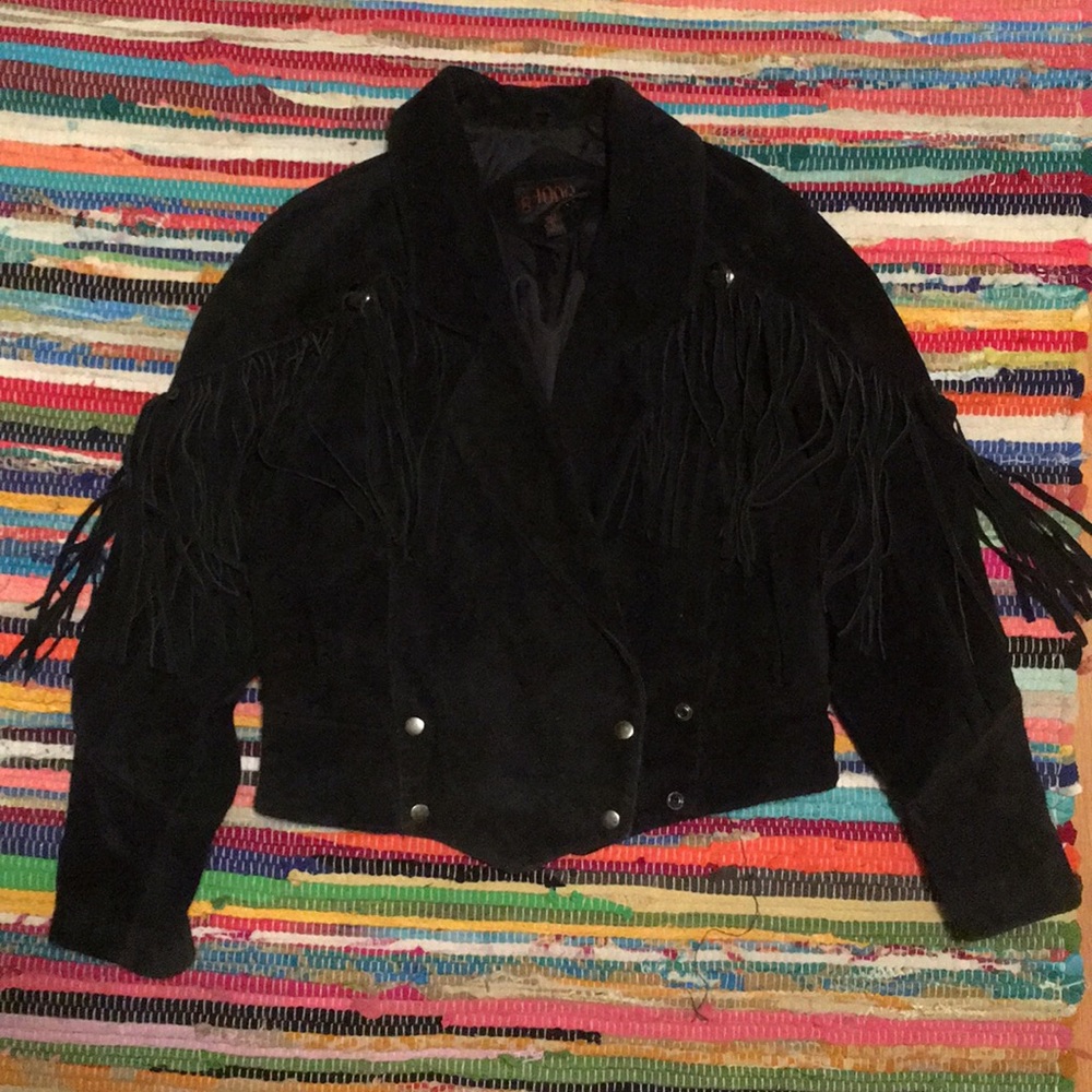 Black Genuine Suede Leather Jacket with Fringe